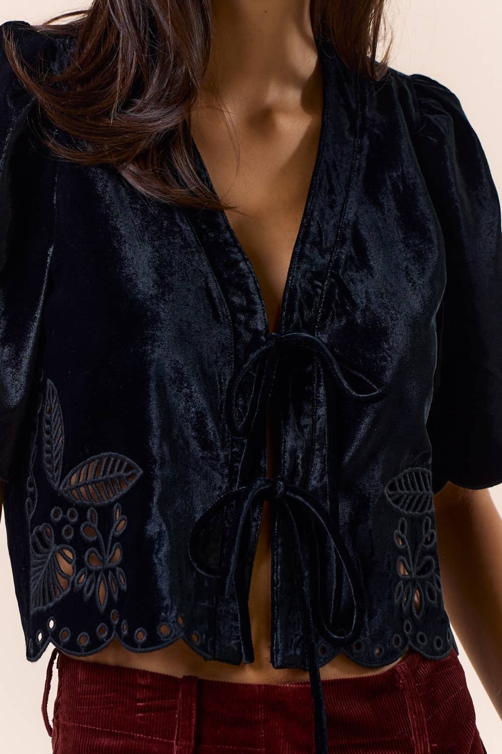 ILT6175-1 Velvet Peplum Top with Tie Front