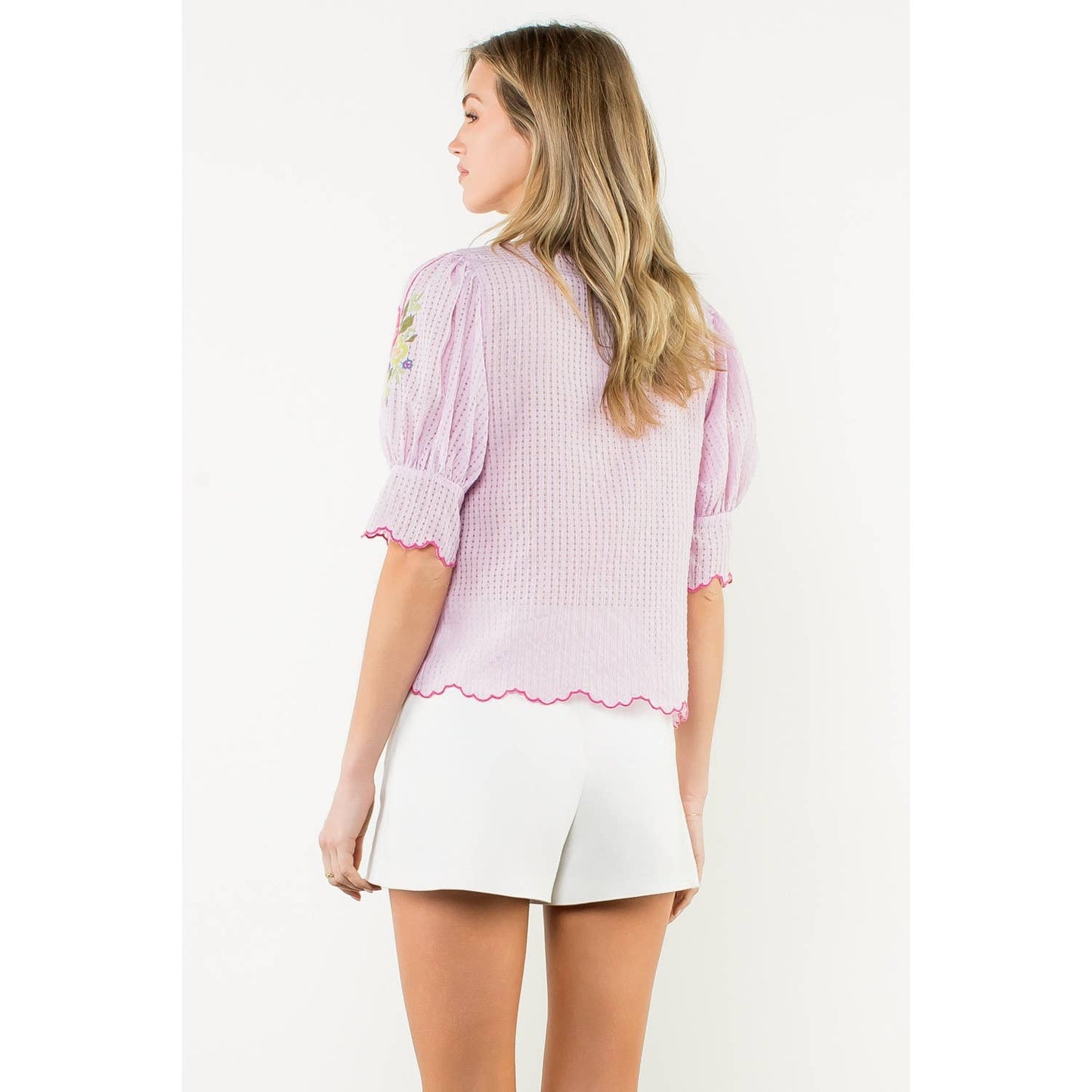 Embroidered Puff Sleeve V-Neck Top