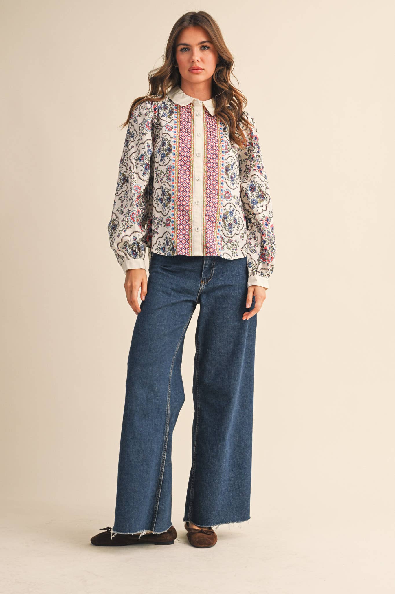 EXCLUSIVE FLORAL BORDER PRINT BUTTON UP TOP MTP4126