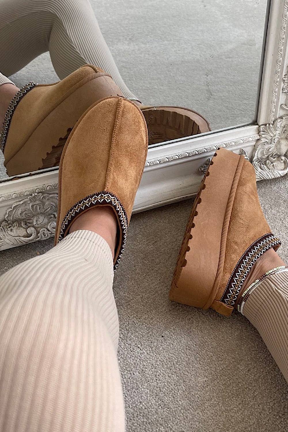 Women's Faux Fur Lined Slipper Platform Sliders Aztec Mules