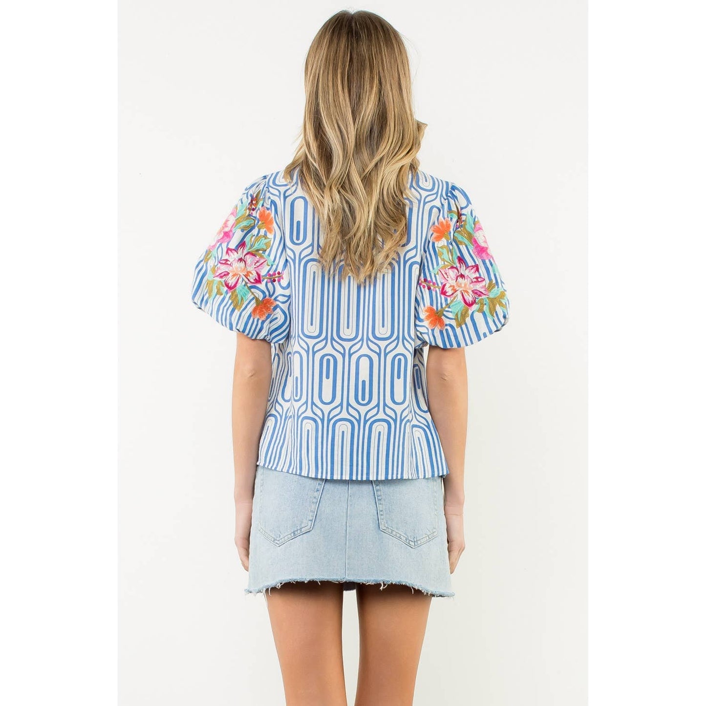 Flower Embroidered Puff Sleeve Print Top