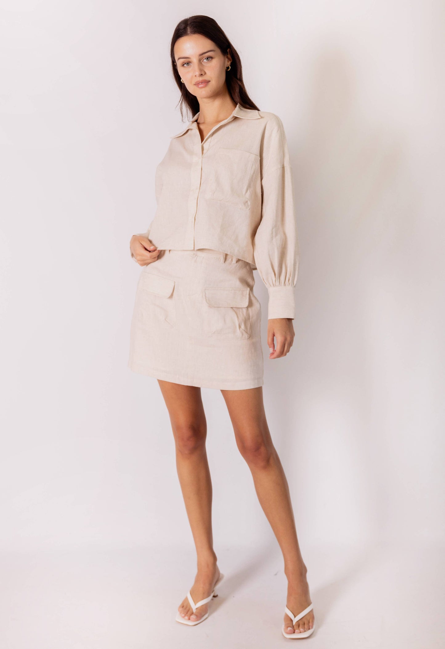 P.CILL 100% Linen Cropped Button Up Shirt