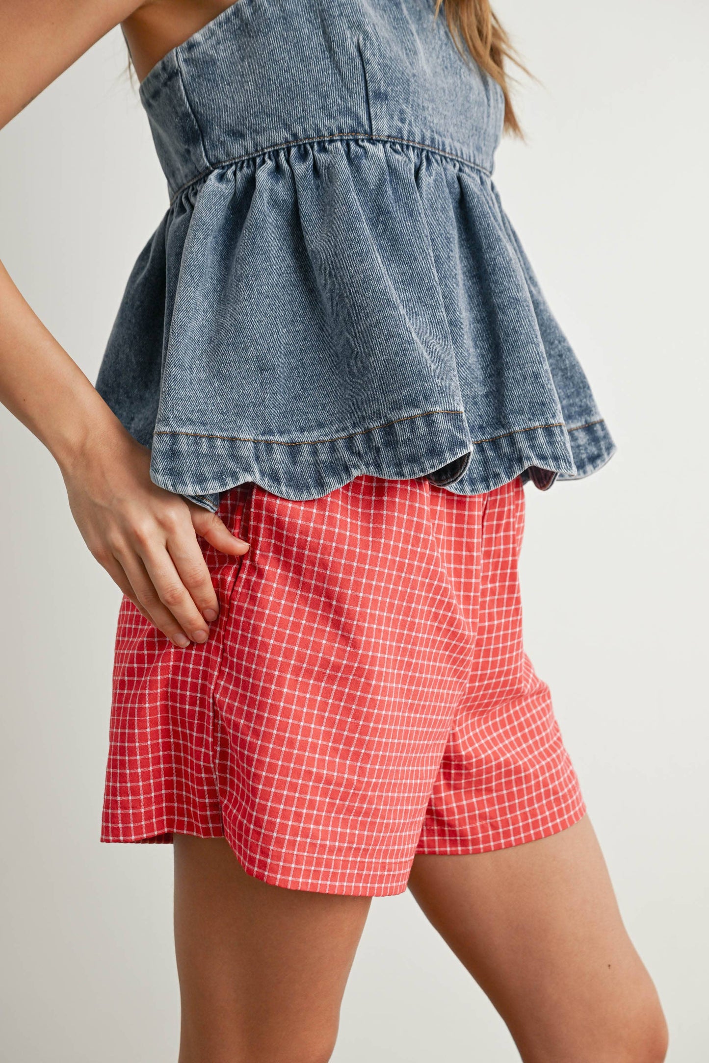Denim Tie-Strap Peplum Top - BMT7722