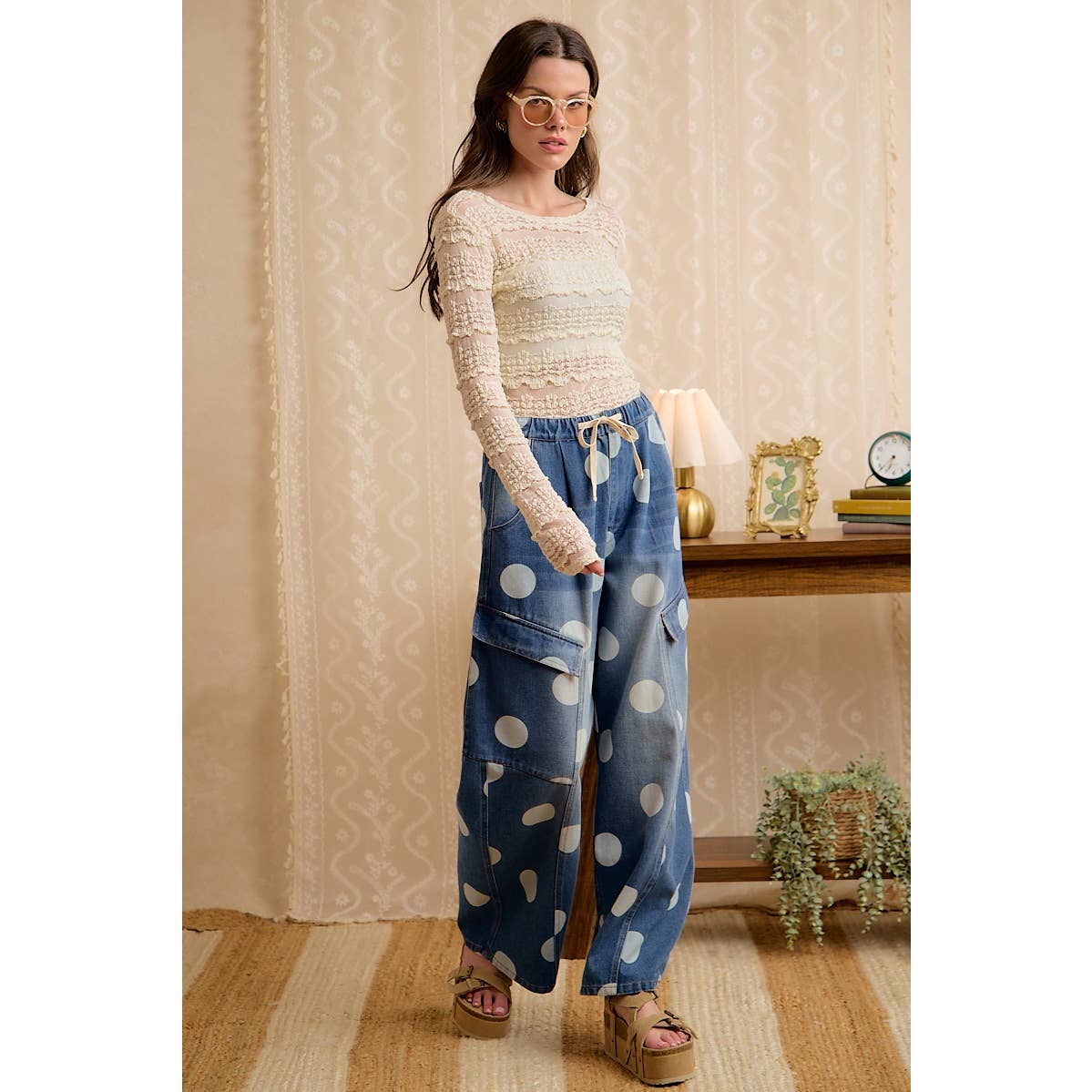 WASHED POLKA DOT DENIM BARREL PANTS WITH CARGO POCKETS