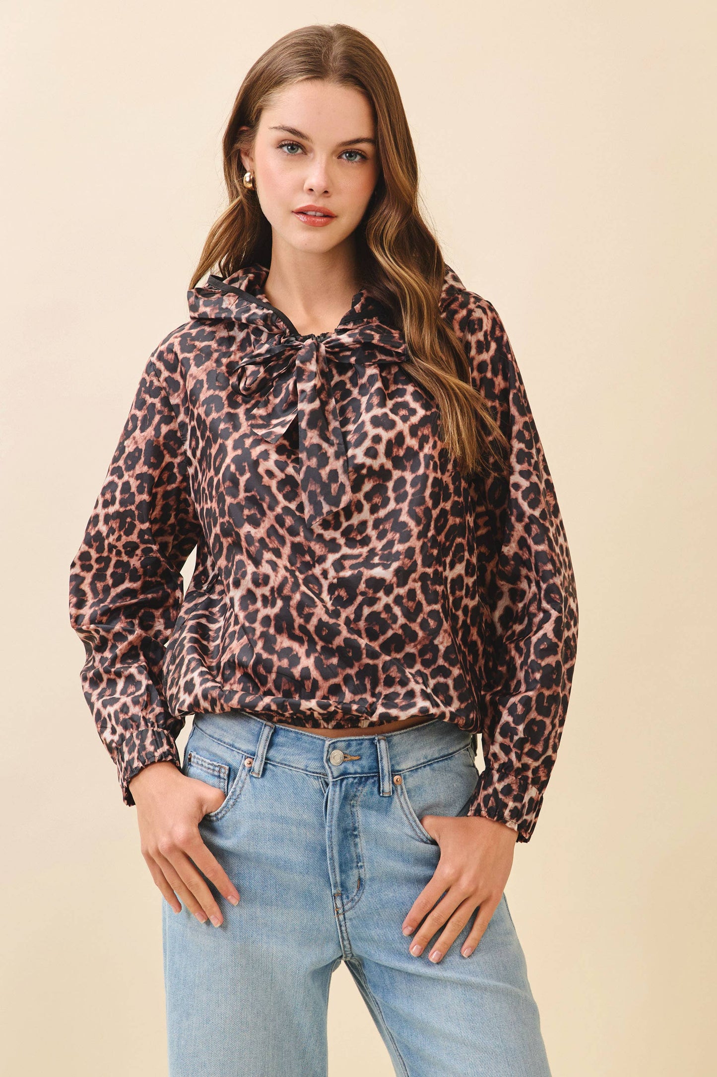 CT9509-Leopard Print Adjustable Ribbon Tie Hoodie Top