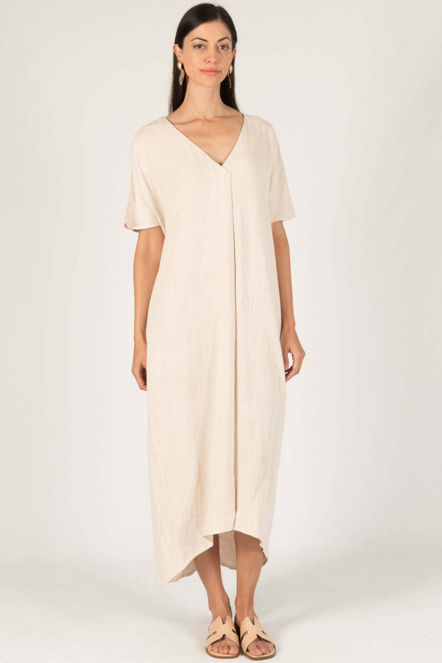 P. CILL Linen Cotton Blend V-Neck Midi Dress