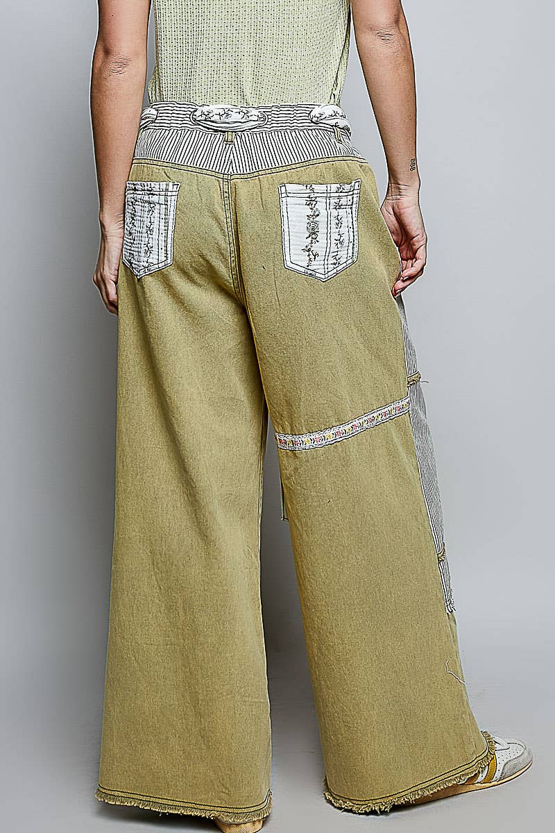 Stripe Patch High Rise Wide Leg Twill Pants