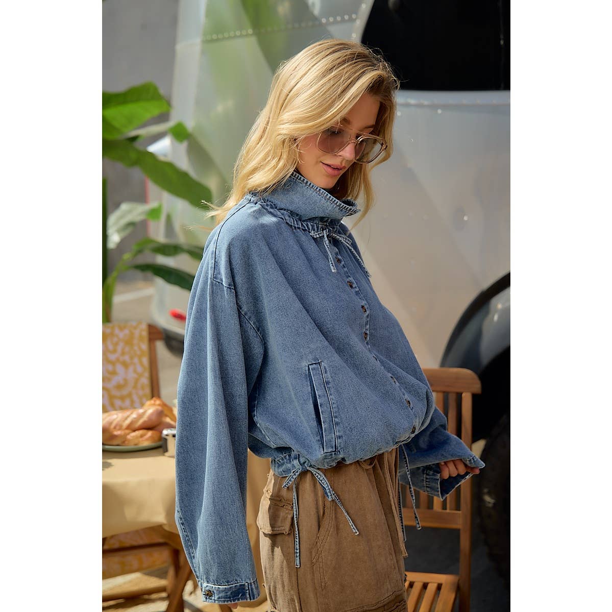 LIGHTWEIGHT WASHED DENIM DRAWSTRING HEM JACKET