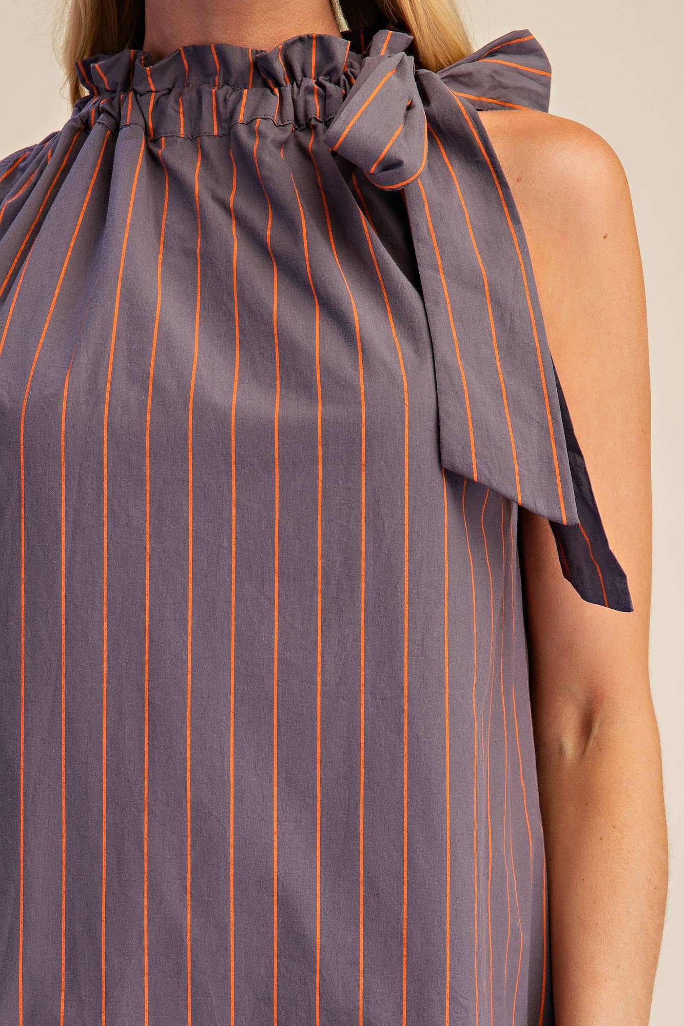 Stripe Mini Dress Ruffle Neck Adjustable Tie Sleeveless