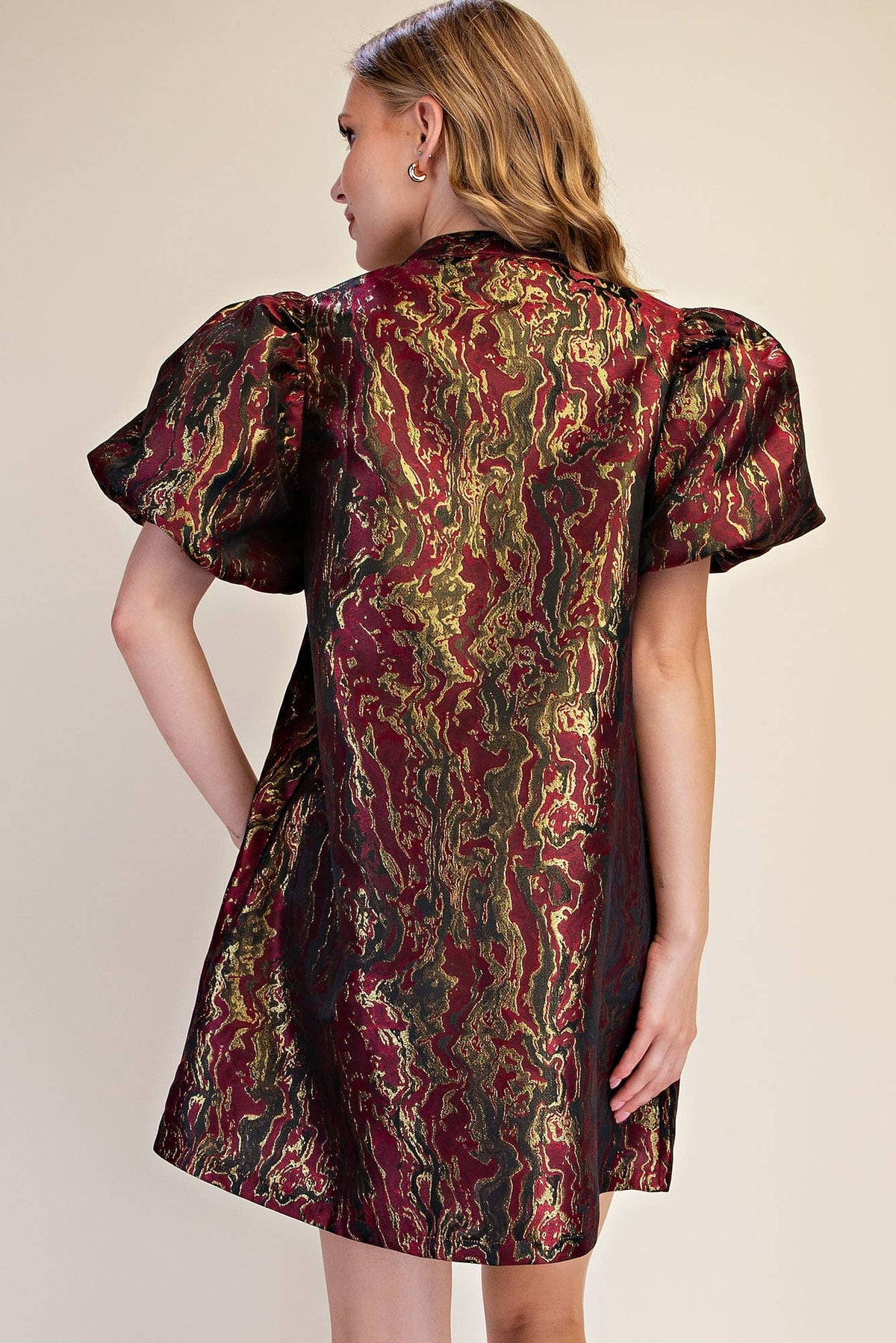Metallic Jacquard Puff Sleeve Mini Holiday Dress