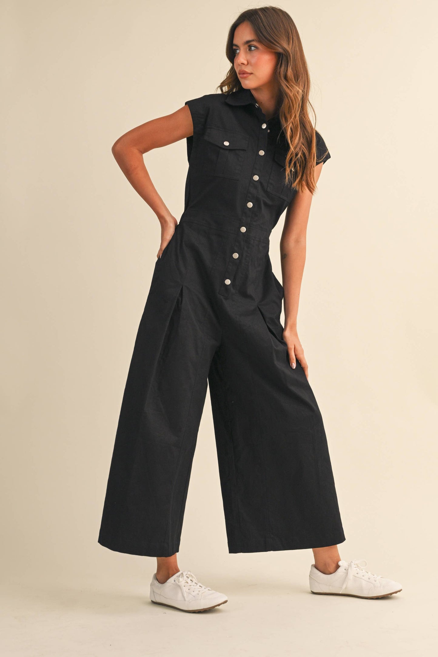 IJP3398 STRETCH COTTON TWILL WIDE LEG CROPPED JUMPSUIT