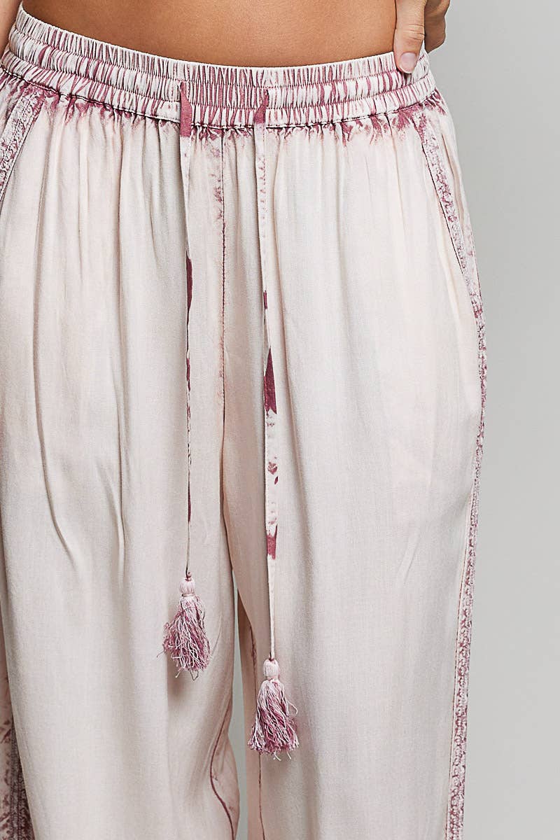 Vintage Washed Embroidered Trim Tassel Wide Leg Pants