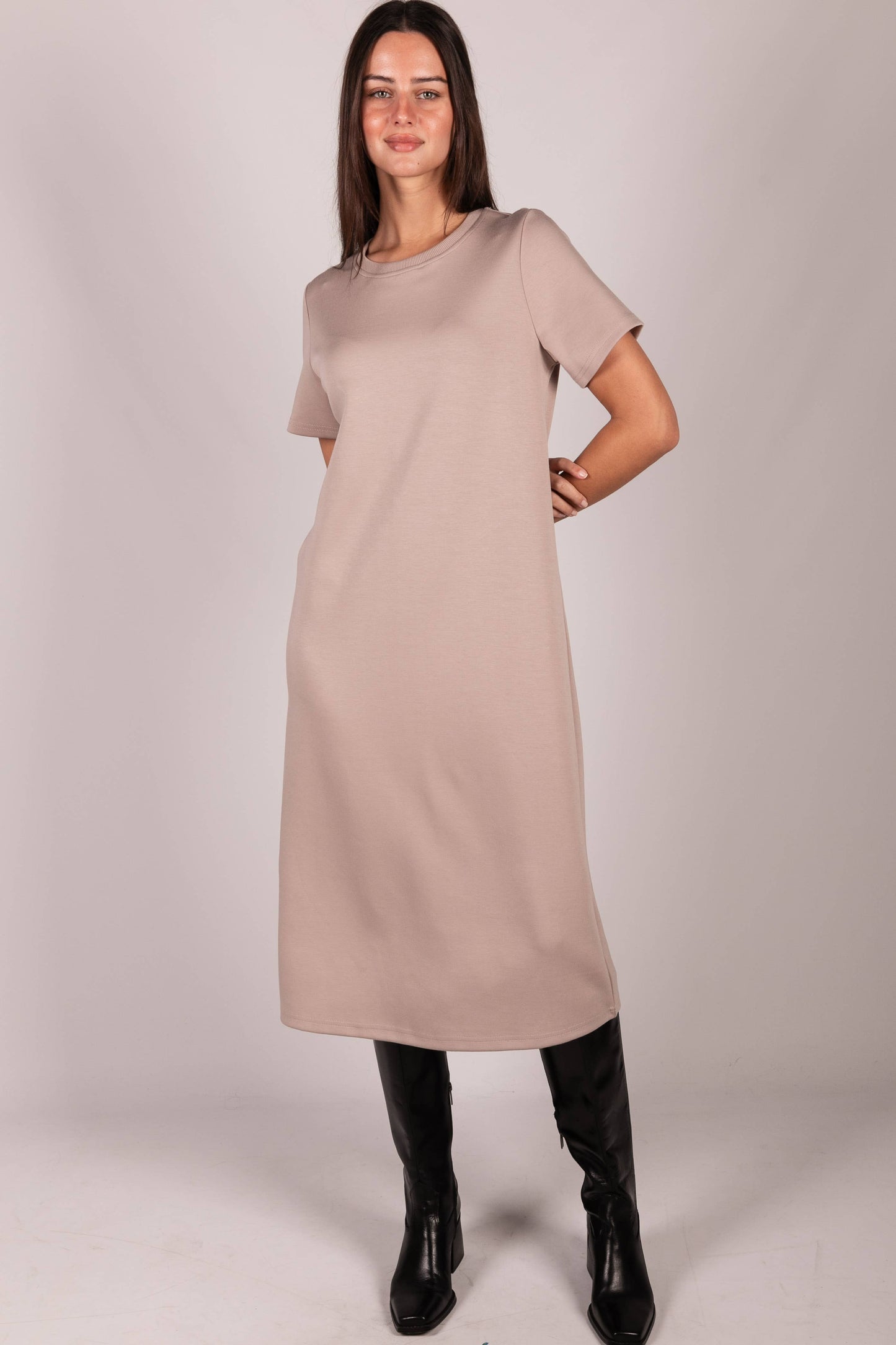 P. CILL Butter Modal Short Sleeve Contrast Rib Neckband Midi