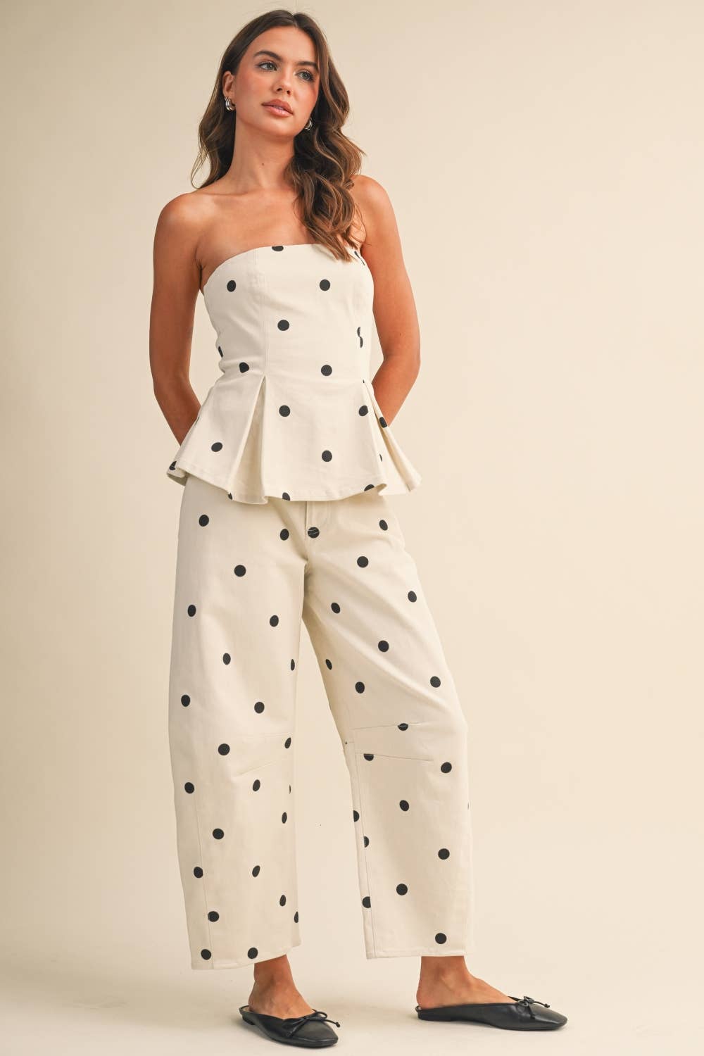 IST6128-B POLKADOT STRAPLESS PEPLUM TOP AND BARREL PANTS SET