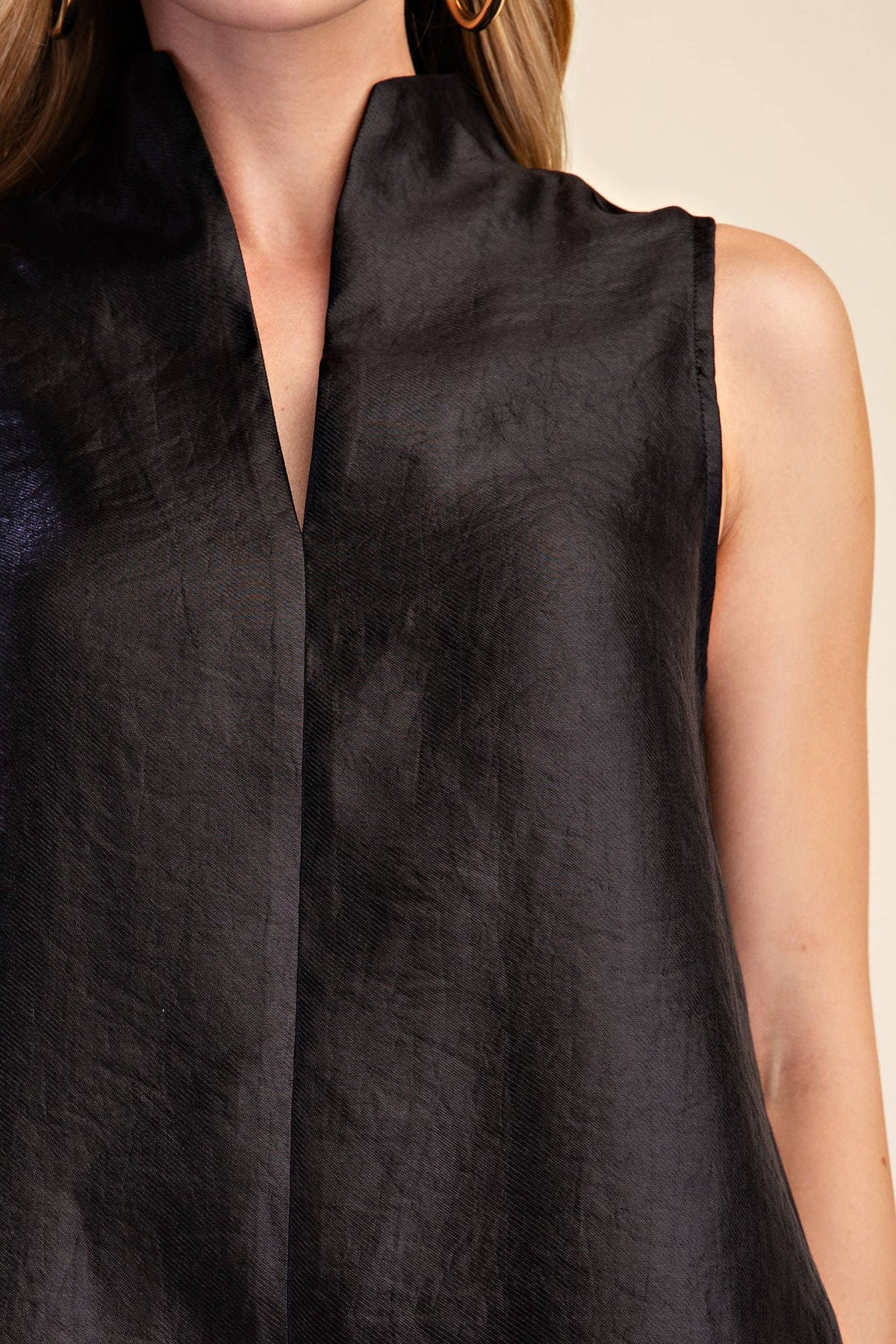 Stand Collar Slit V-Neck Sleeveless Top