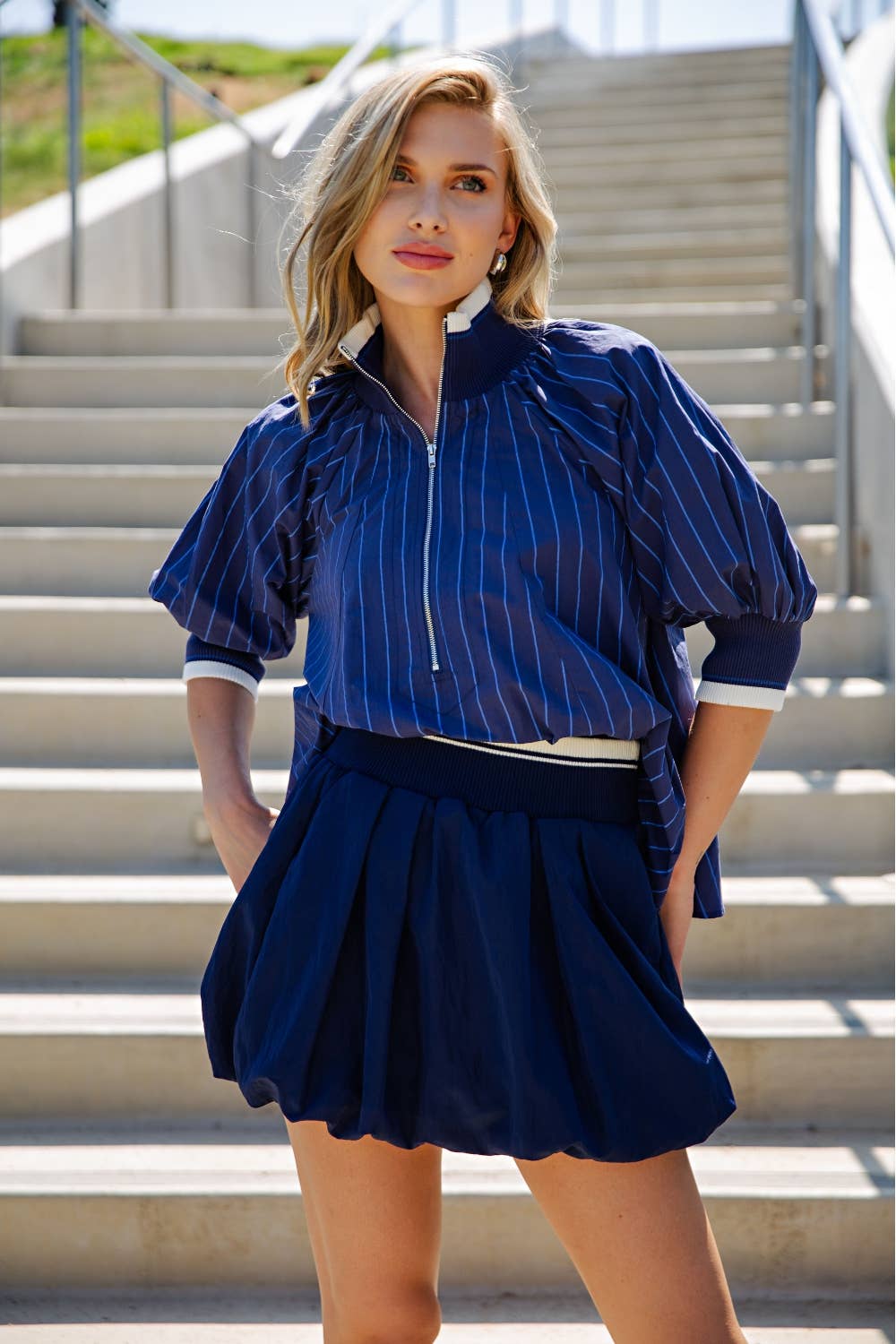 Mock Neck Band Puff Sleeve Blouse