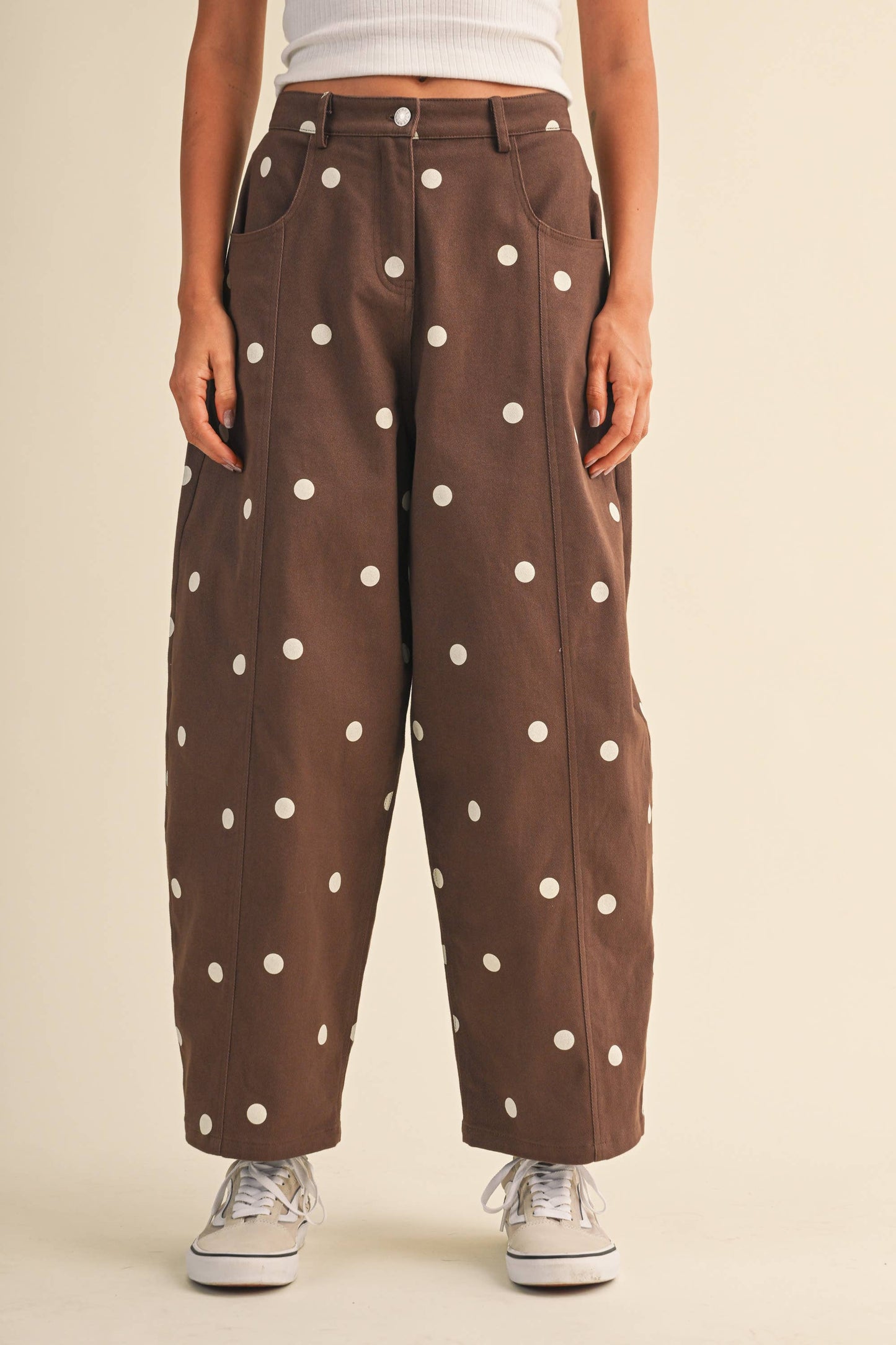 IP1390-C  POLKADOT STRETCH TWILL MID WAIST BARREL PANTS