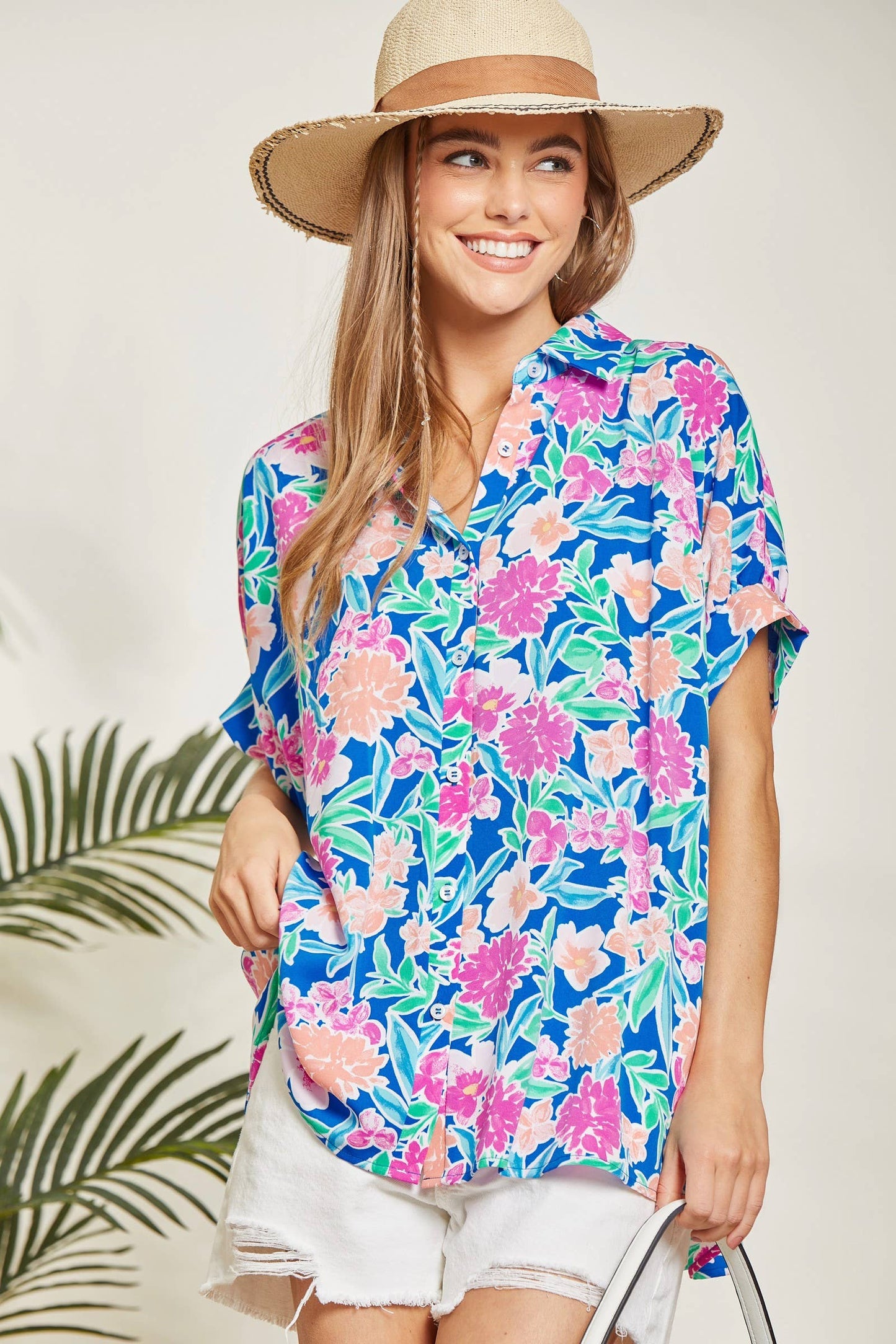 Satin Like Print Button Up Top