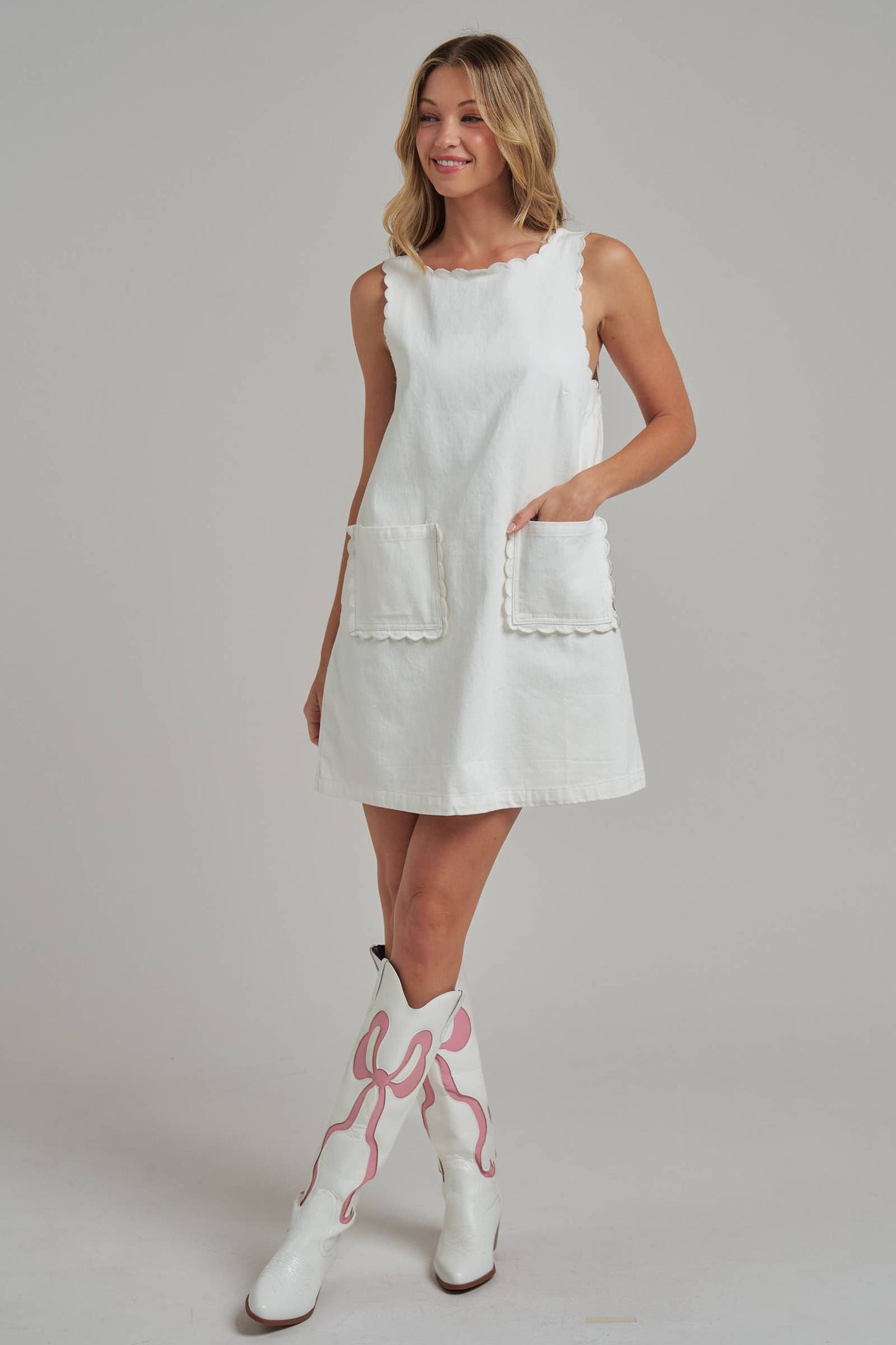 GAME DAY COLOR DENIM MINI DRESS WITH SCALLOPED EMBROIDERY