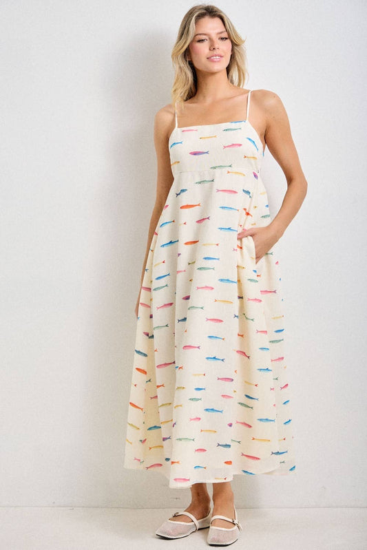 FISH PRINT SLEEVELESS MIDI DRESS