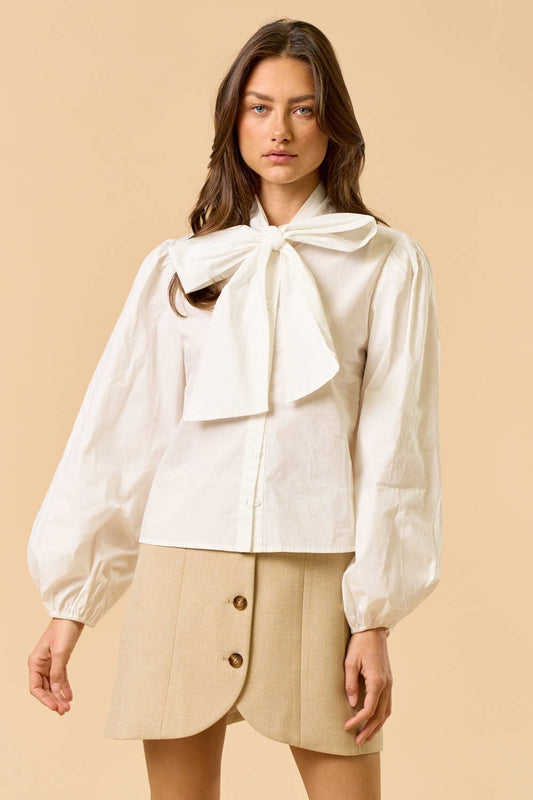 ILT6233 Ribbon-Tie Button Down Top with Puff Sleeves