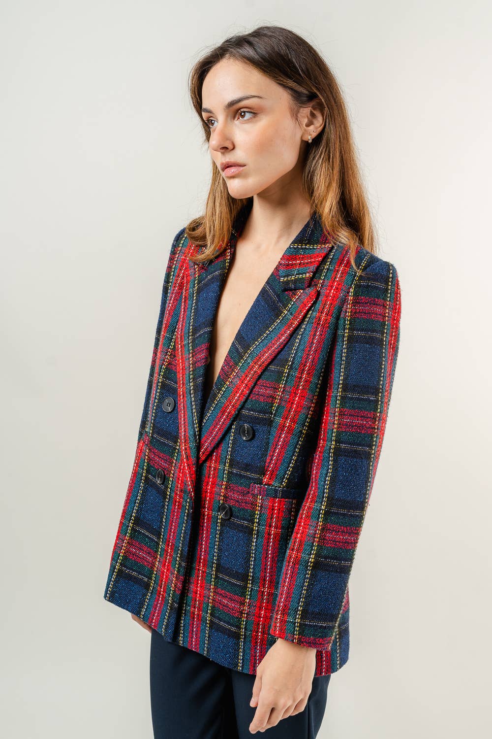 PREPPY HOLIDAY TWEED PADDED SHOULDER PLAID BLAZER-OI5782FO
