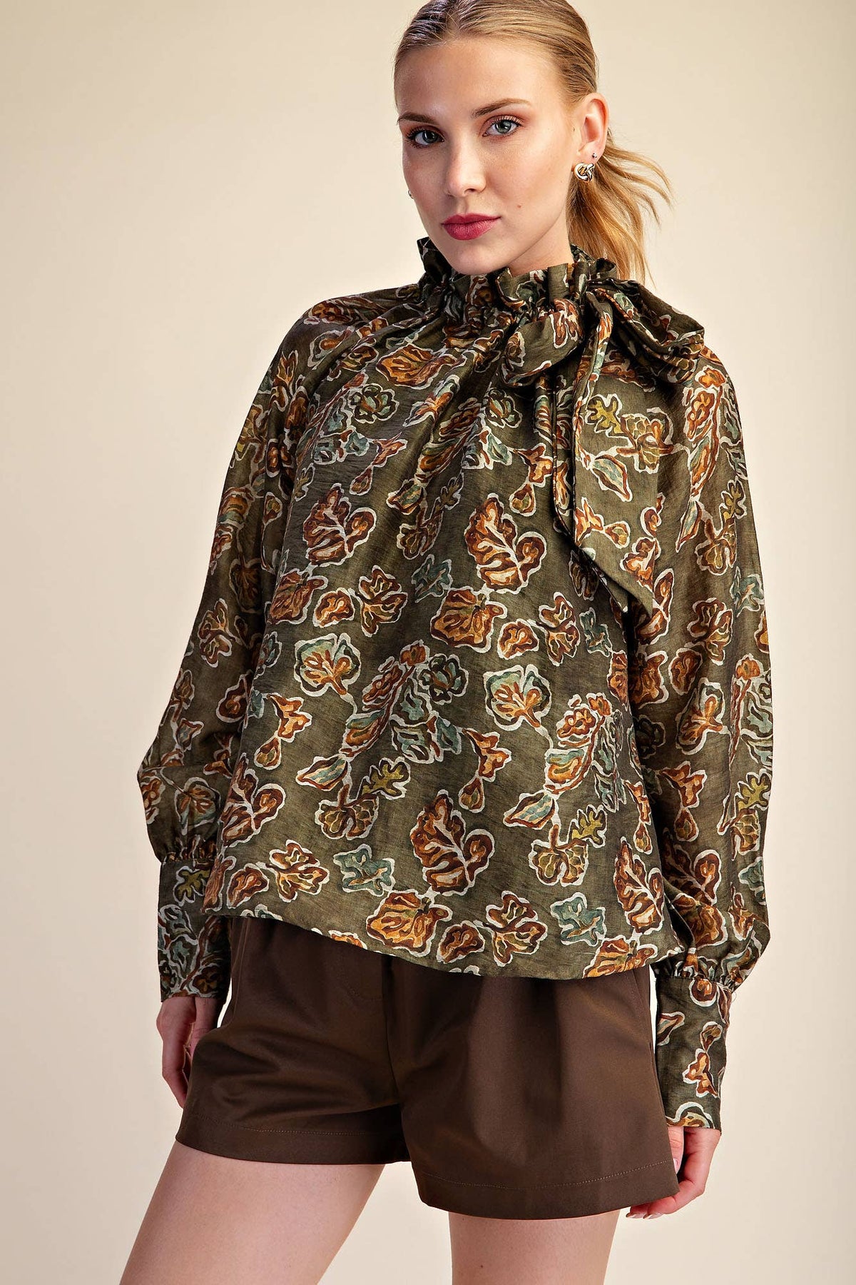 Ruffle Tie Neck Long Sleeve Print Blouse