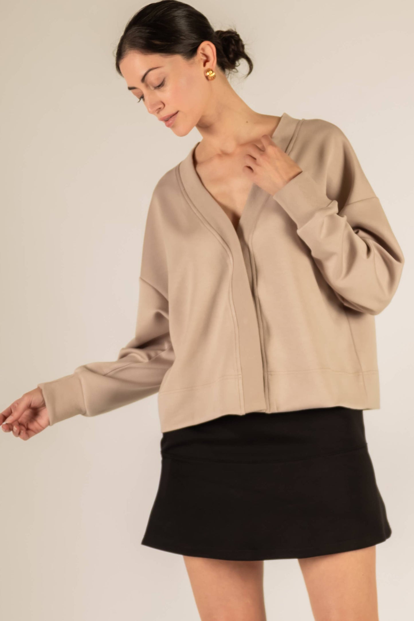 P. CILL Butter Modal Rib Contrast Oversized Cropped Cardigan