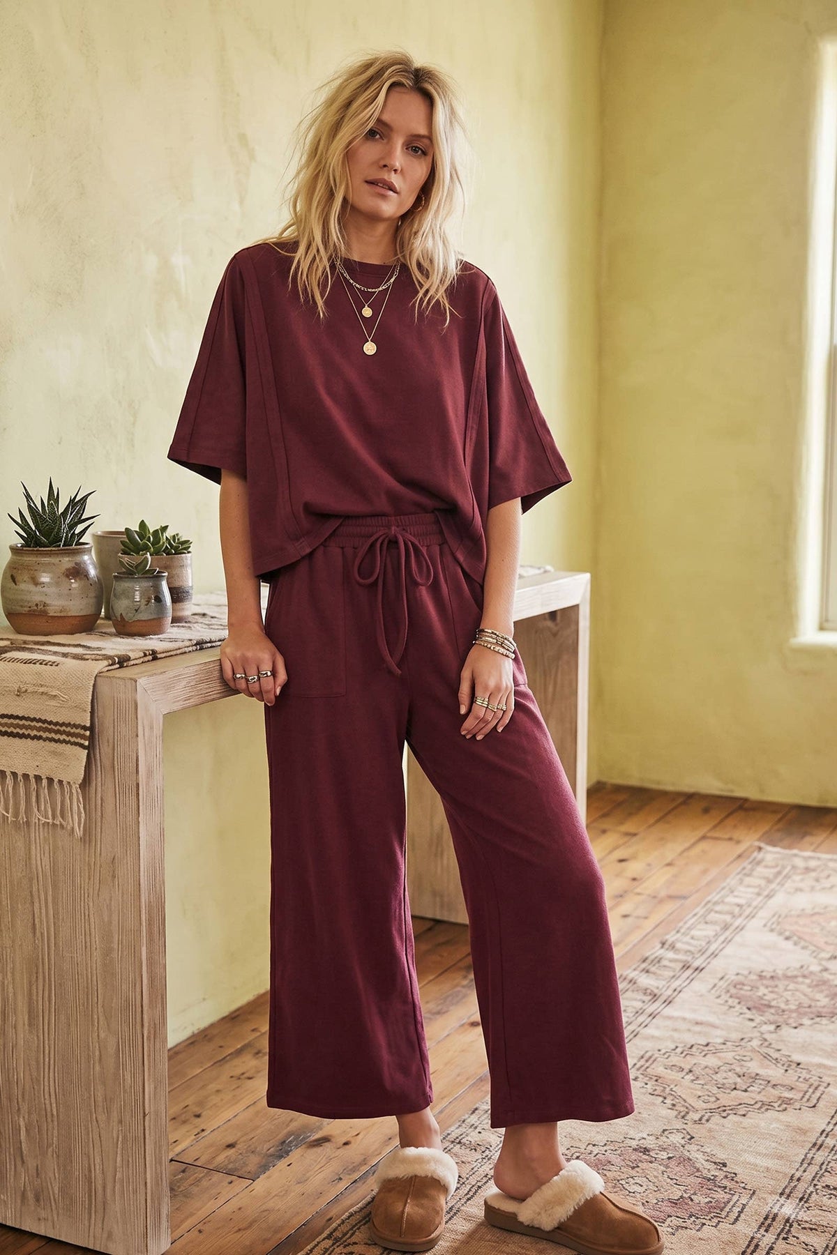 Brushed Stretch Boxy Top & Wide Leg Pant Set
