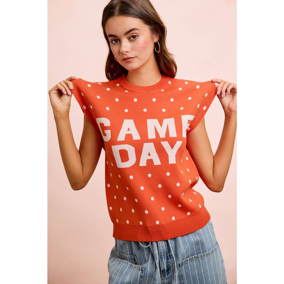 GAMEDAY LETTER AND POLKA DOTS SLEEVELESS KNIT TOP