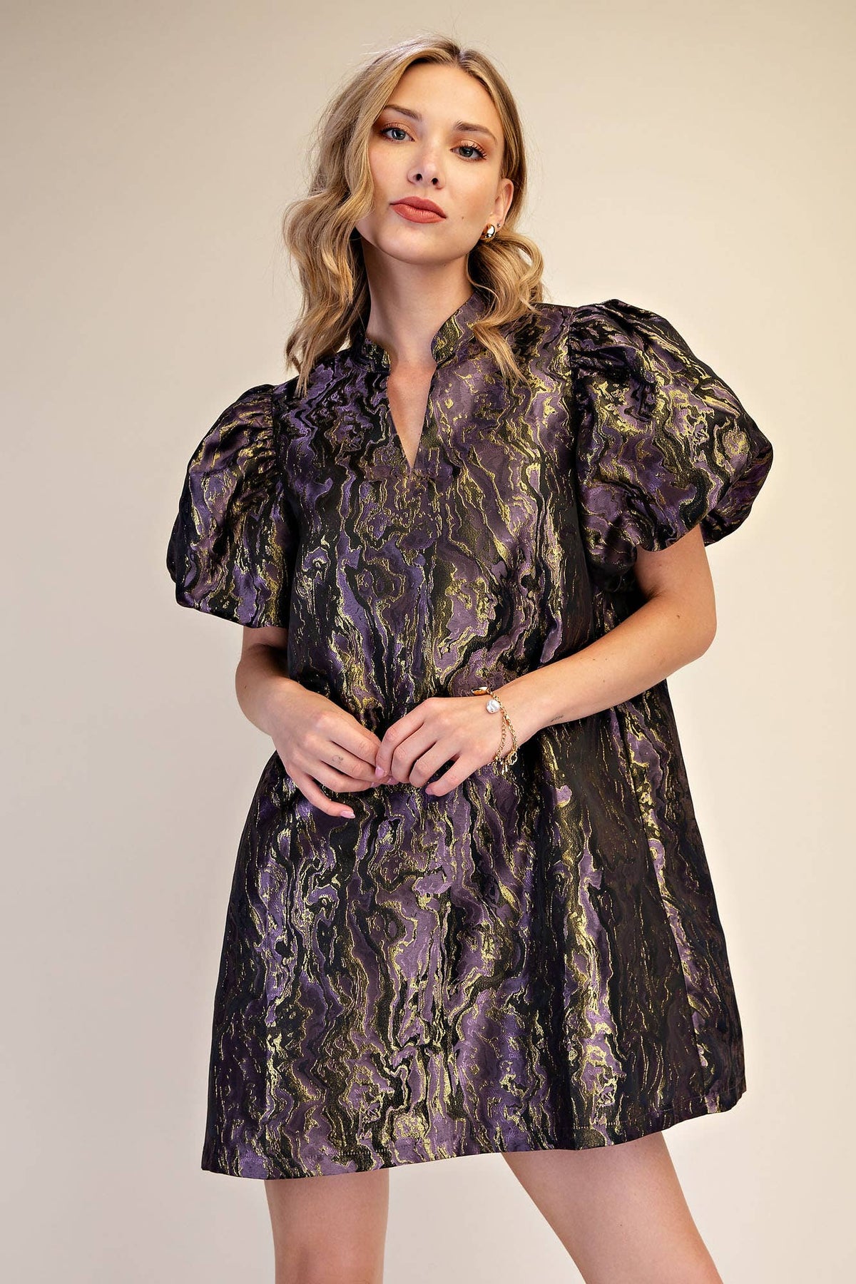 Metallic Jacquard Puff Sleeve Mini Holiday Dress