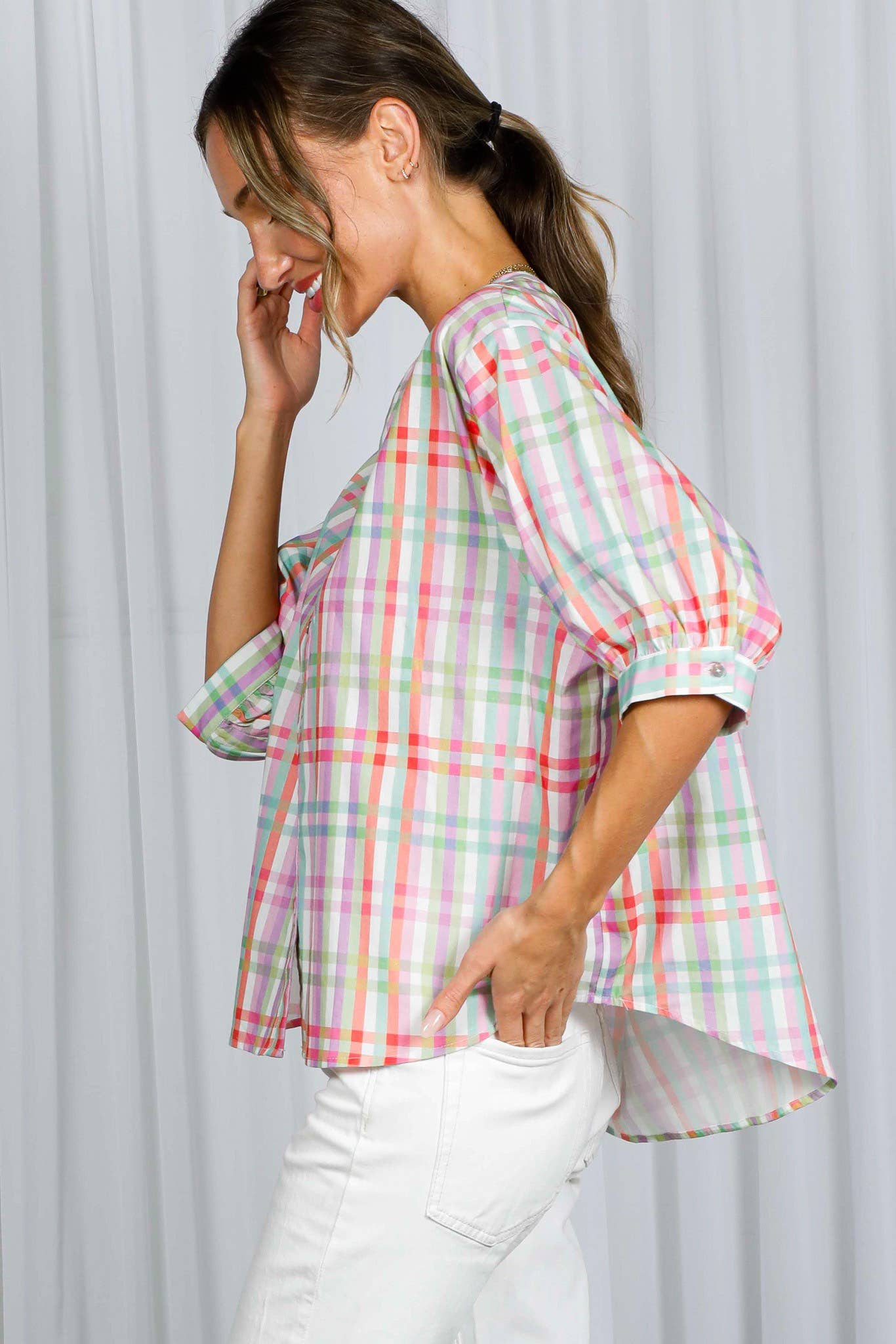 V-Neck Half Puff Sleeve Plaid 100%Cotton Blouse VT81945K
