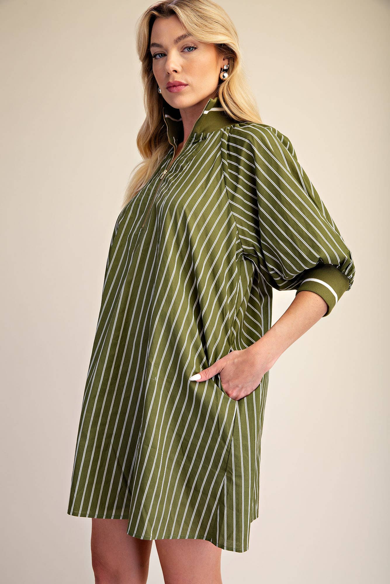 Mock Neck Band Half Zip Stripe Mini Dress