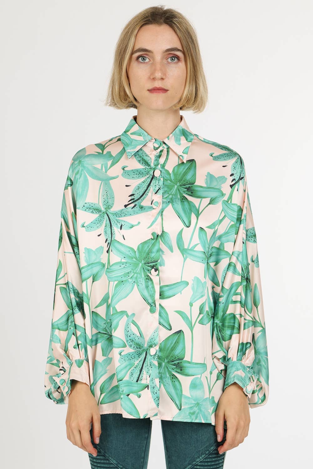 Contrast Botanic Printed Satin Blouse QC2177