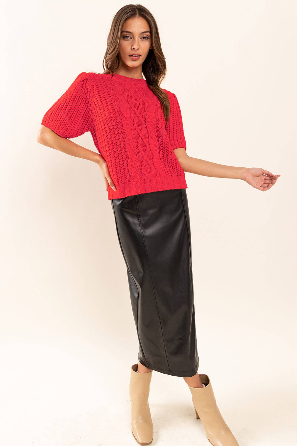 Puff Short Sleeve Cable Sweater Top / TIC13016