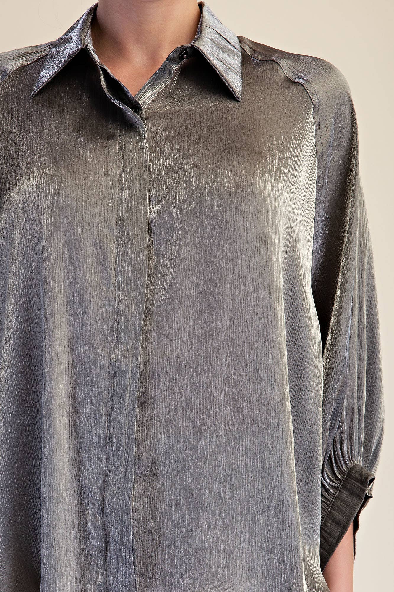 Metallic Oversized Button Down Long Sleeve Shirt Blouse