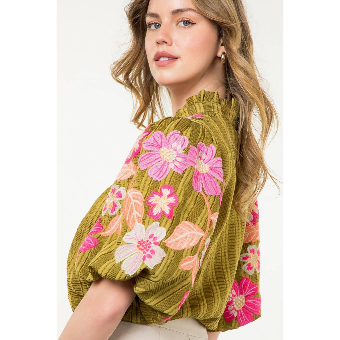 Embroidered Puff Sleeve Textured Top