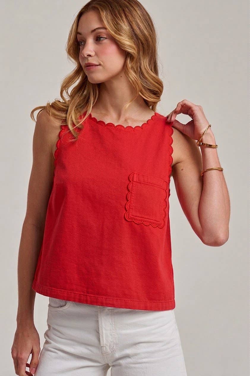 GAME DAY COLOR DENIM SLEEVELESS TOP WITH SCALLOPED EDGE