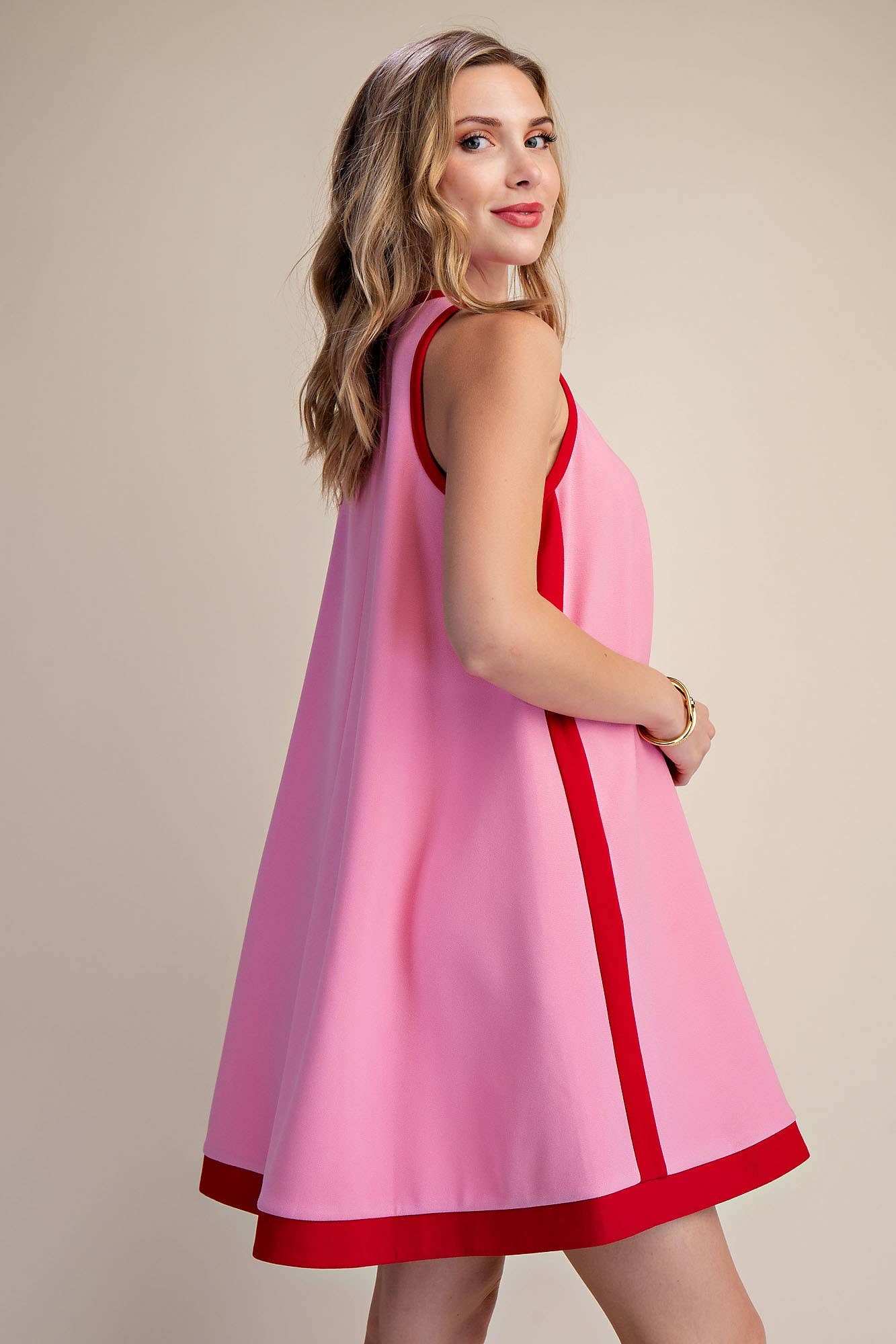 A-line Sleeveless Mini Dress With Round Neck Hem Contrast