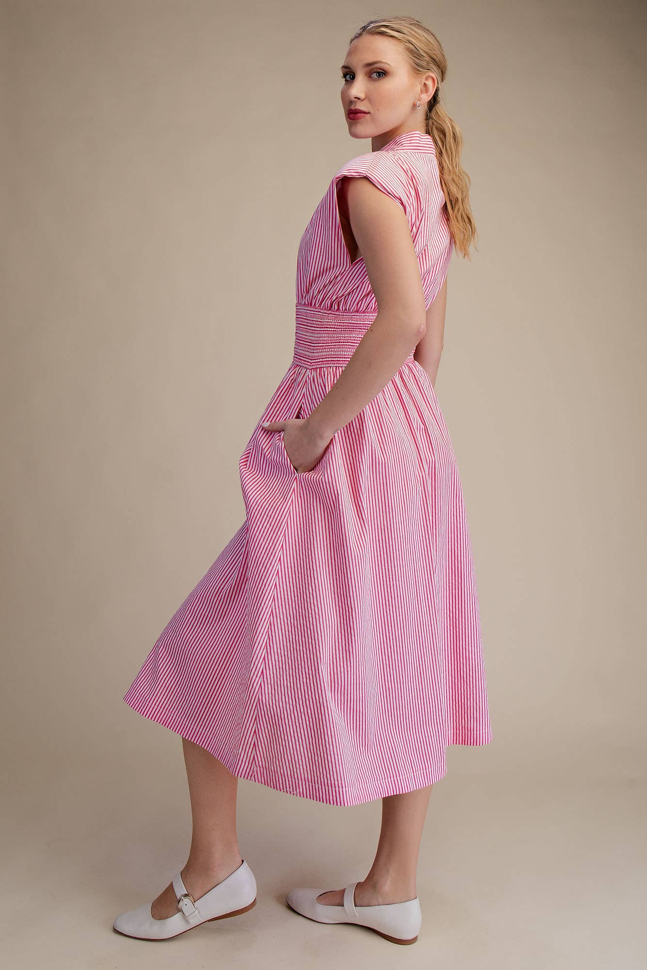 V-Neck Front Zip Waist Smocked Casual Midi Dress