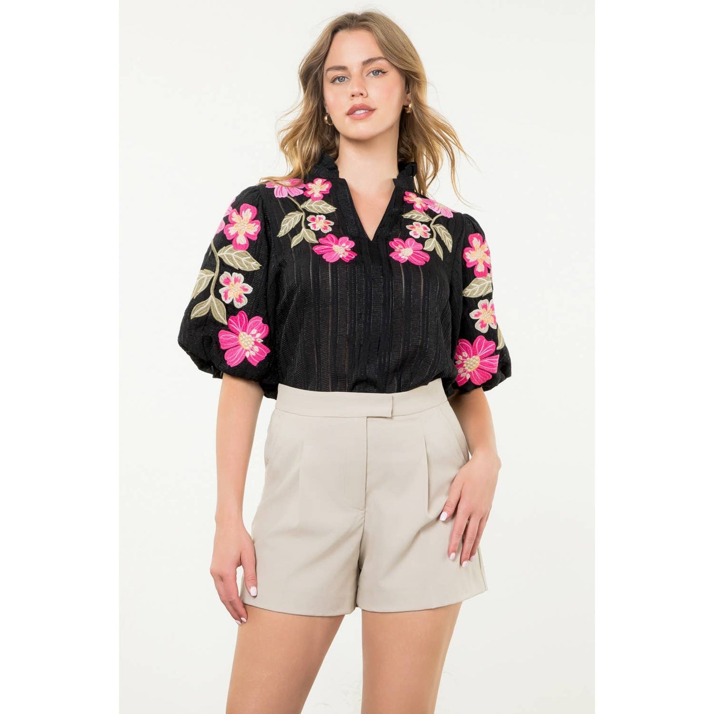 Embroidered Puff Sleeve Textured Top