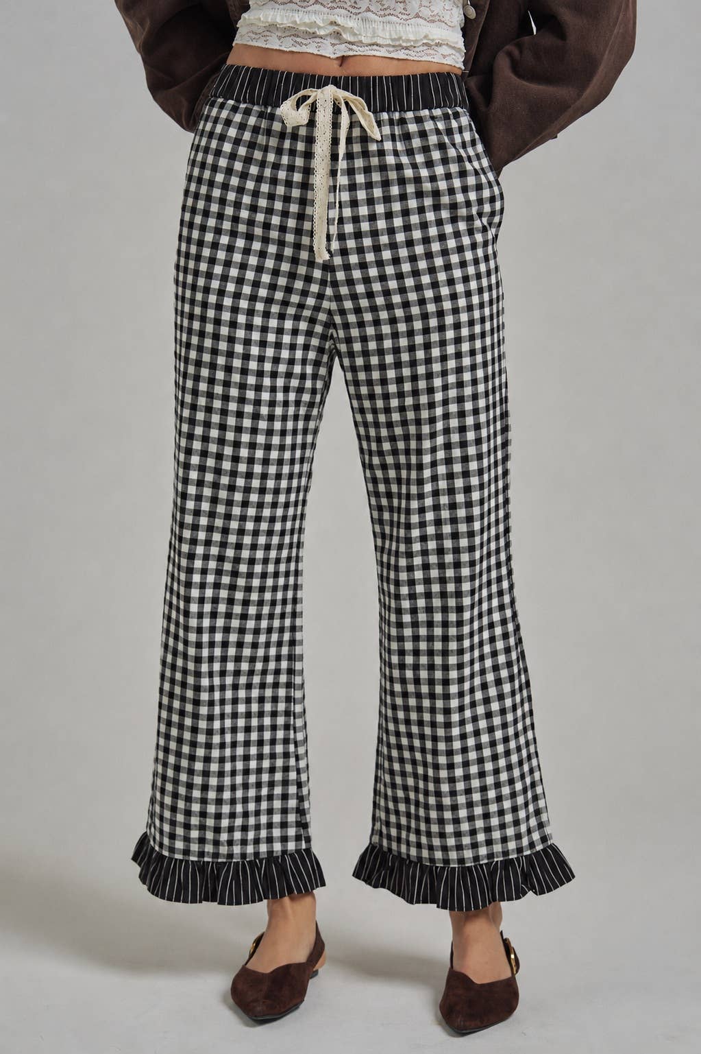 GINGHAM CHECK ELASTIC WAIST PANTS WITH LACE DRASTRING