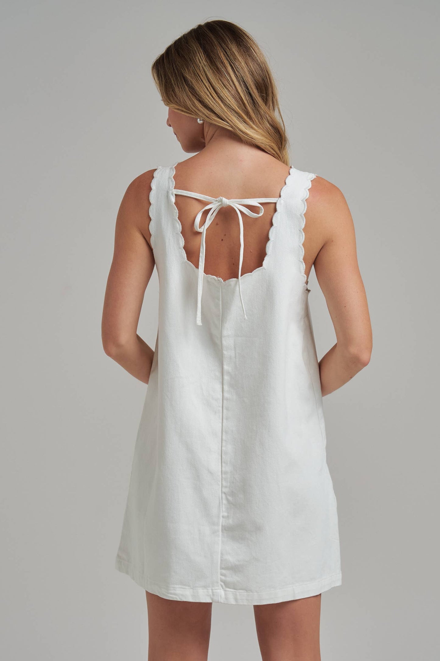 GAME DAY COLOR DENIM MINI DRESS WITH SCALLOPED EMBROIDERY