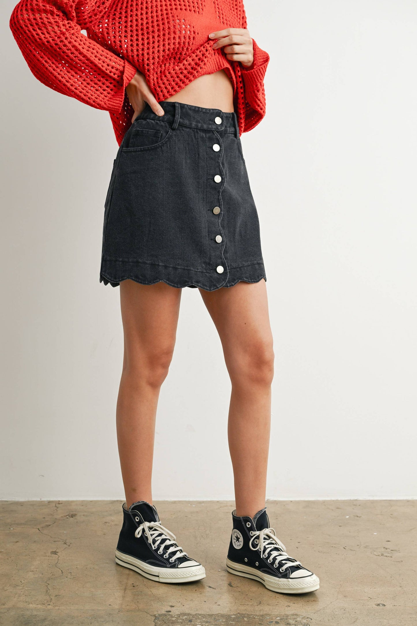 Buttoned Scallop Denim Skirt - BMS7702