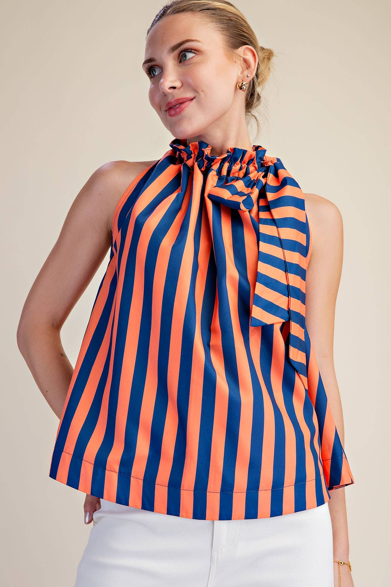 Ruffle Neck Tie Sleeveless Stripe Top