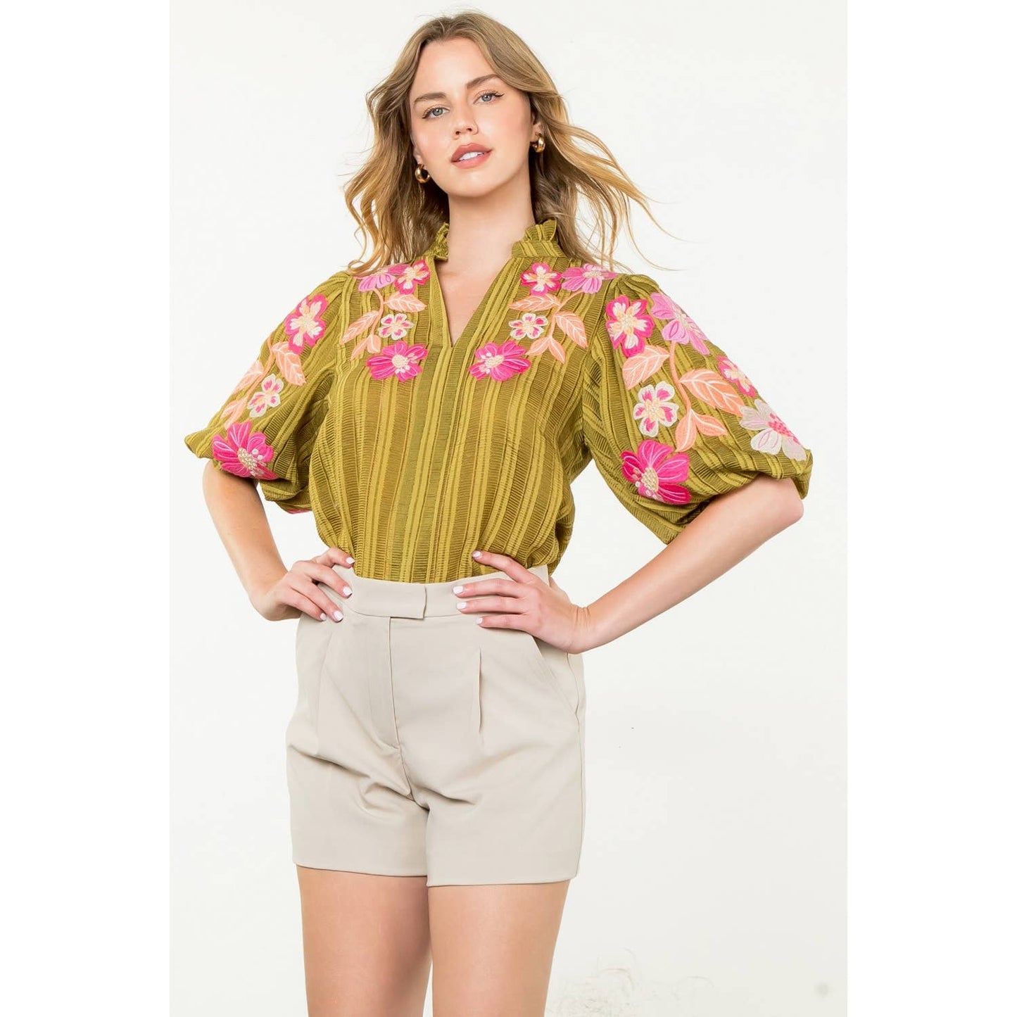 Embroidered Puff Sleeve Textured Top