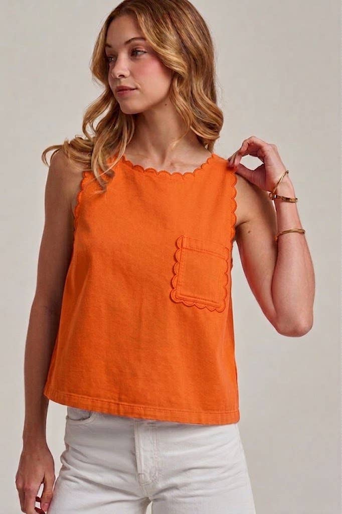 GAME DAY COLOR DENIM SLEEVELESS TOP WITH SCALLOPED EDGE