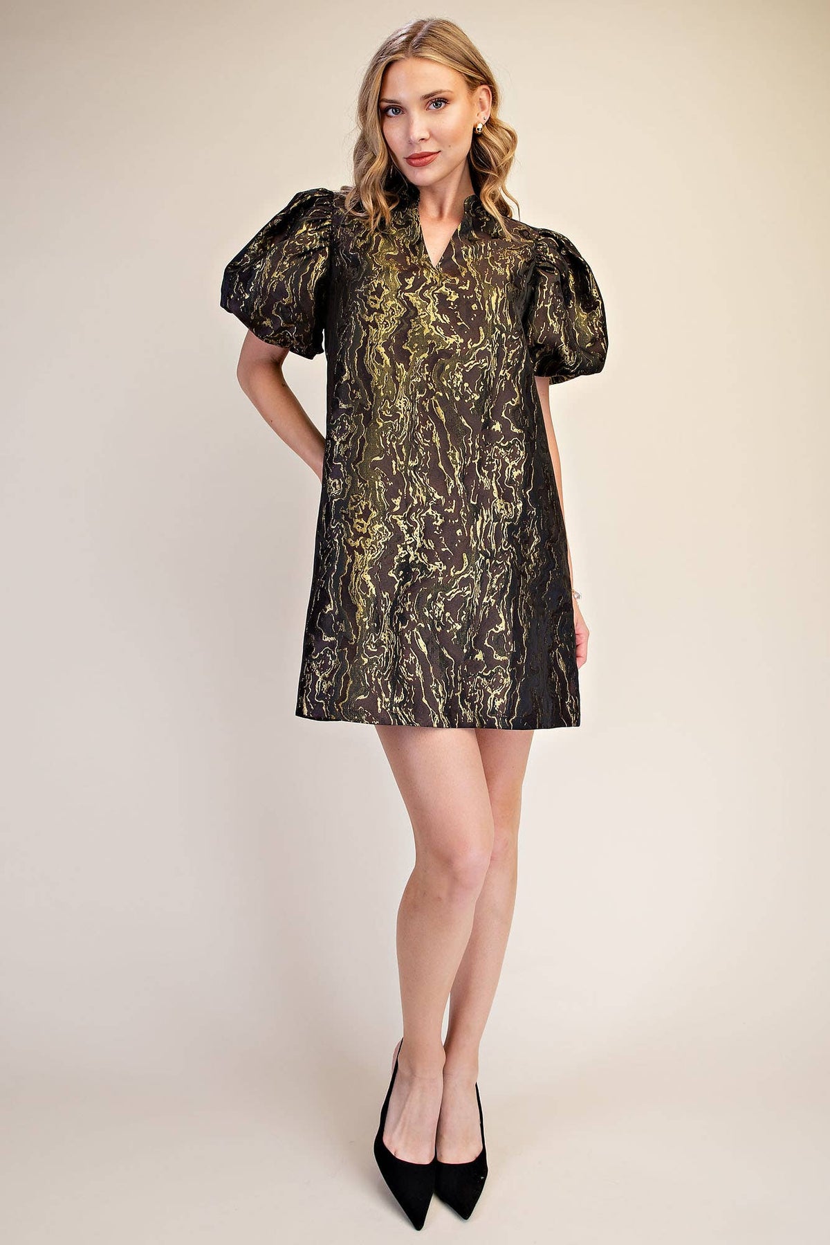 Metallic Jacquard Puff Sleeve Mini Holiday Dress