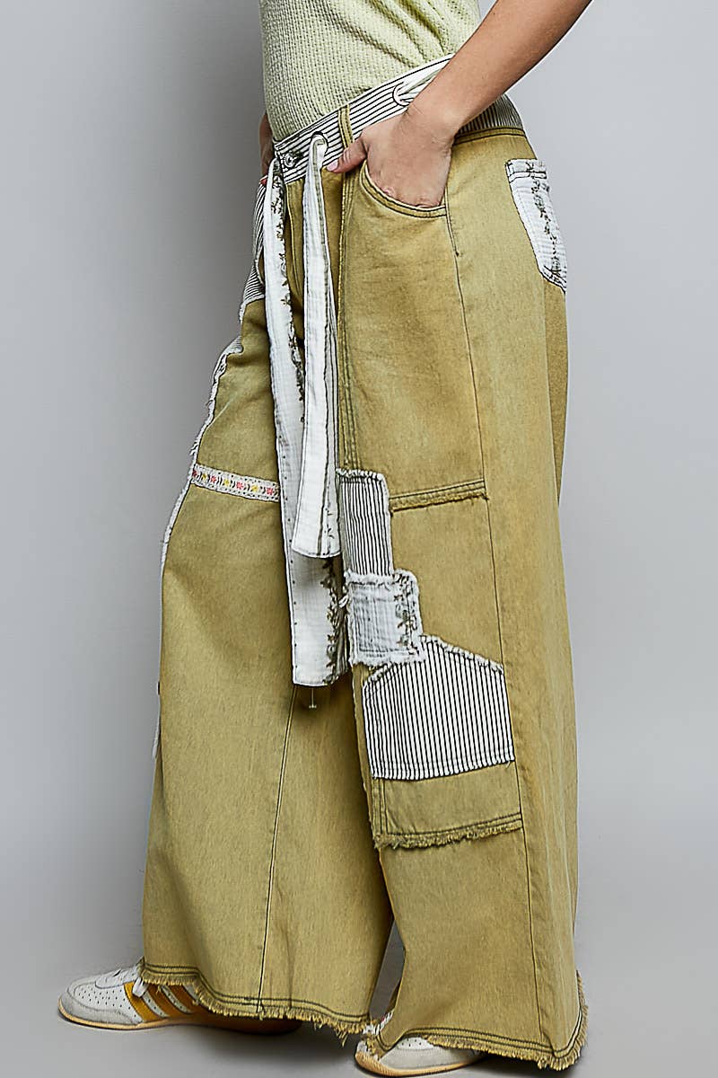 Stripe Patch High Rise Wide Leg Twill Pants
