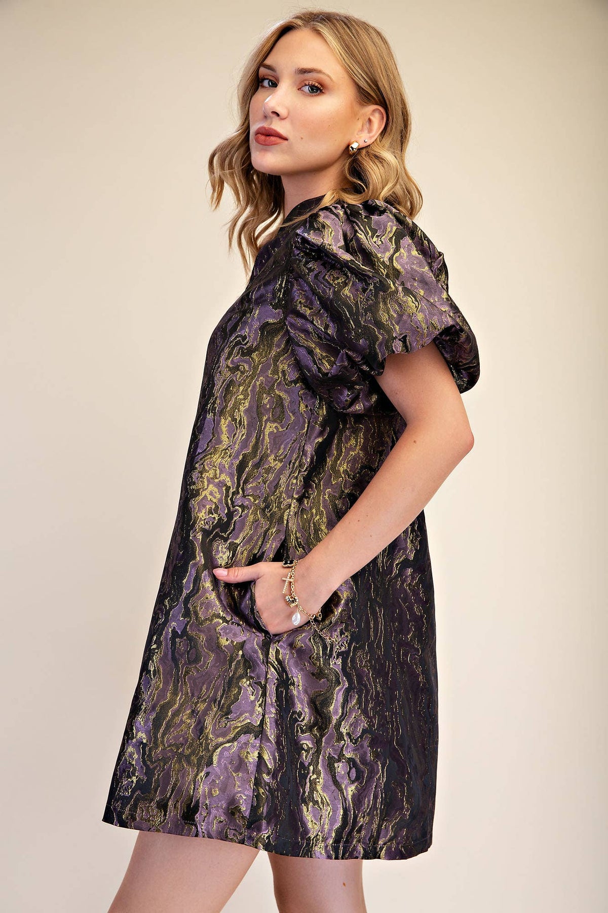 Metallic Jacquard Puff Sleeve Mini Holiday Dress